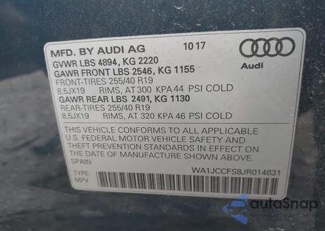 2018 Audi Q3 2.0T Premium/2.0T Sport Premium из США, поврежденный, VIN WA1JCCFS8JR014631